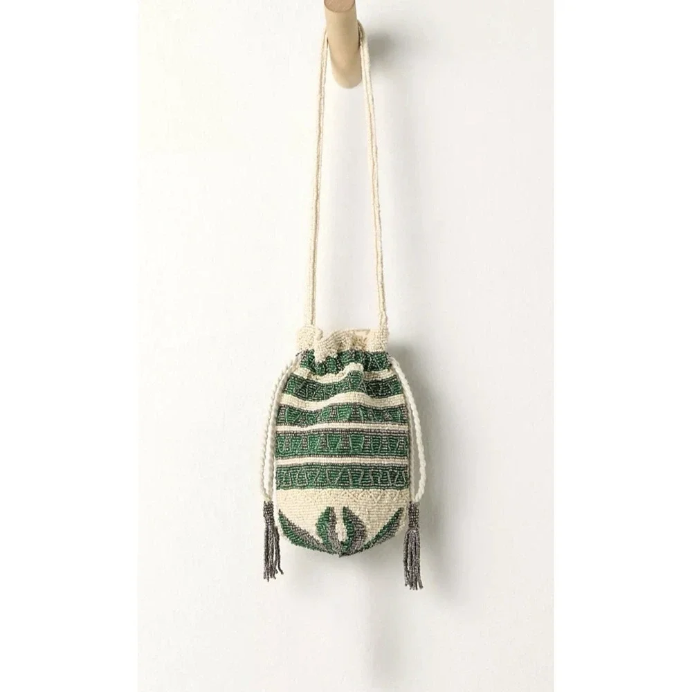 FREE PEOPLE Beaded Tassel Pouch NWT Green Ivory Drawstring Beaded Bag - Picture 3 of 13